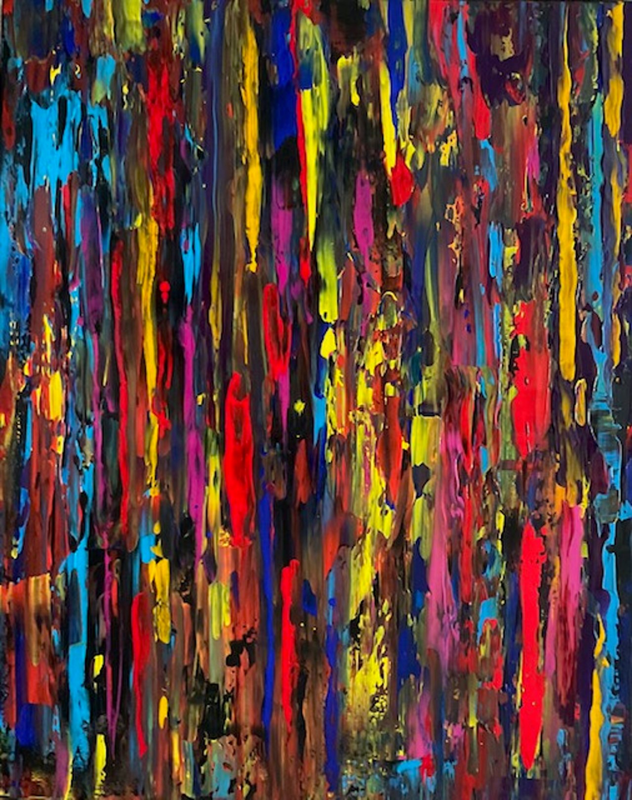 Abstrakte Malerei mit vertikalen, dicken Farbstrichen in Blau, Gelb, Rot, Rosa und Schwarz.